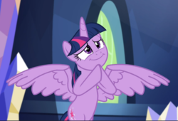 Size: 1317x893 | Tagged: safe, screencap, twilight sparkle, alicorn, pony, g4, made in manehattan, cropped, cute, female, flying, hind legs, hooves together, hopeful, mare, smiling, solo, spread wings, twiabetes, twilight sparkle (alicorn), wings