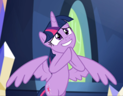 Size: 1135x889 | Tagged: safe, screencap, twilight sparkle, alicorn, pony, g4, made in manehattan, cropped, cute, female, flying, hind legs, hooves together, hopeful, mare, smiling, solo, spread wings, teeth, twiabetes, twilight sparkle (alicorn), wings
