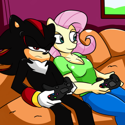 Size: 2000x2000 | Tagged: safe, artist:soul-yagami64, fluttershy, anthro, g4, breasts, cleavage, controller, crossover, high res, male, shadow the hedgehog, sonic the hedgehog, sonic the hedgehog (series)
