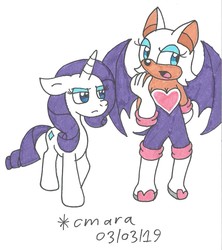 Size: 1064x1197 | Tagged: safe, artist:cmara, rarity, g4, crossover, rouge the bat, sonic the hedgehog, sonic the hedgehog (series), traditional art