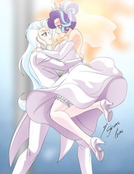 Size: 1279x1657 | Tagged: safe, artist:shinta-girl, starlight glimmer, trixie, human, equestria girls, g4, bride, clothes, couple, dress, female, human coloration, humanized, lesbian, marriage, ship:startrix, shipping, wedding, wedding dress