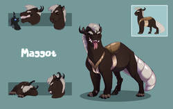 Size: 1280x810 | Tagged: safe, artist:vindhov, oc, oc only, oc:maggot, changeling, hybrid, blue background, brown changeling, changeling hybrid, character bio, chewing, eating, fangs, forked tongue, horns, interspecies offspring, male, offspring, parent:discord, parent:queen chrysalis, parents:discolis, reference sheet, simple background, sleeping, tusk