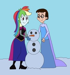 Size: 1729x1865 | Tagged: safe, artist:hunterxcolleen, rainbow dash, oc, oc:stewart gary, human, equestria girls, g4, anna, anna (frozen), carrot, clothes, cosplay, costume, crossdressing, duo, elsa, food, frozen (movie), implied incest, snow, snowman, why