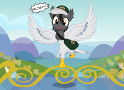 Size: 3542x2562 | Tagged: safe, artist:badumsquish, derpibooru exclusive, oc, oc only, oc:coo, harpy, monster pony, original species, anger burger, balcony, baseball cap, cap, cute, delivery, dialogue, ear fluff, feather, female, flying, hat, high res, landing, music notes, ponyville, pouch, solo, spread wings, talons, twilight's castle, wings, yelling