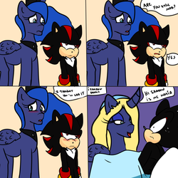 Size: 2000x2000 | Tagged: safe, artist:soul-yagami64, princess luna, g4, clothes, comic, cosplay, costume, crossover, dialogue, dude not funny, high res, male, maria robotnik, shadow the hedgehog, sonic the hedgehog, sonic the hedgehog (series)