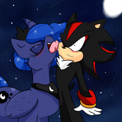 Size: 2000x2000 | Tagged: safe, artist:soul-yagami64, princess luna, g4, crossover, crossover shipping, female, high res, licking, male, shadluna, shadow the hedgehog, shipping, sonic the hedgehog, sonic the hedgehog (series), straight, tongue out