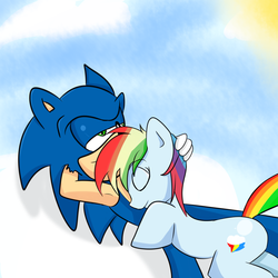 Size: 2000x2000 | Tagged: safe, artist:soul-yagami64, rainbow dash, g4, armpits, crossover, female, high res, interspecies, male, shipping, sonic the hedgehog, sonic the hedgehog (series), sonicdash, straight