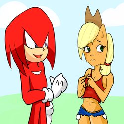 Size: 2000x2000 | Tagged: safe, artist:soul-yagami64, applejack, earth pony, anthro, g4, breasts, cleavage, crossover, duo, female, high res, knuckles the echidna, male, sonic the hedgehog, sonic the hedgehog (series)