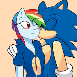Size: 2000x2000 | Tagged: safe, artist:soul-yagami64, rainbow dash, anthro, g4, breasts, cleavage, commission, crossover, female, high res, interspecies, male, shipping, sonic the hedgehog, sonic the hedgehog (series), sonicdash, straight