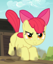 Size: 701x840 | Tagged: safe, screencap, apple bloom, earth pony, pony, brotherhooves social, g4, bow, cropped, determined, female, filly, hair bow, landing, smiling, solo