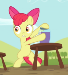 Size: 589x651 | Tagged: safe, screencap, apple bloom, earth pony, pony, brotherhooves social, g4, bipedal, bow, cropped, female, filly, grape juice, hair bow, holding, jar, juice, solo, stool