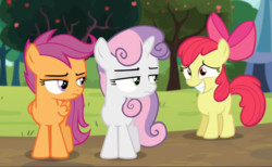 Size: 1526x939 | Tagged: safe, screencap, apple bloom, scootaloo, sweetie belle, earth pony, pegasus, pony, unicorn, brotherhooves social, g4, awkward smile, bow, cropped, cutie mark crusaders, female, filly, hair bow, lidded eyes, looking at each other, scootaloo is not amused, smiling, sweetie belle is not amused, trio, unamused