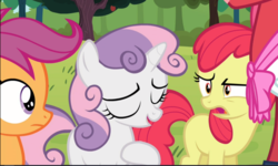 Size: 1371x823 | Tagged: safe, screencap, apple bloom, scootaloo, sweetie belle, earth pony, pegasus, pony, unicorn, brotherhooves social, g4, confused, cropped, cutie mark crusaders, eyes closed, female, filly, offscreen character, open mouth, proud, shocked, trio focus