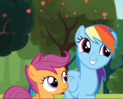 Size: 911x727 | Tagged: safe, screencap, rainbow dash, scootaloo, pegasus, pony, brotherhooves social, g4, cropped, cute, dashabetes, duo, female, filly, mare, smiling