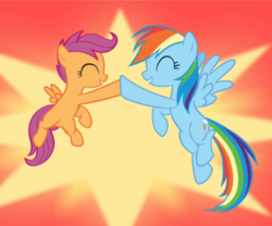 Size: 987x823 | Tagged: safe, screencap, rainbow dash, scootaloo, pegasus, pony, brotherhooves social, g4, cropped, cute, cutealoo, dashabetes, eyes closed, female, filly, flying, hoofbump, mare, midair, scootalove, smiling, spread wings, wings