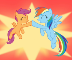 Size: 987x823 | Tagged: safe, screencap, rainbow dash, scootaloo, pegasus, pony, brotherhooves social, g4, my little pony: friendship is magic, cropped, cute, cutealoo, dashabetes, eyes closed, female, filly, flying, hoofbump, mare, midair, scootalove, smiling, spread wings, wings