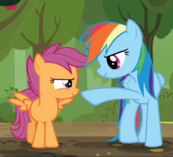 Size: 1005x913 | Tagged: safe, screencap, rainbow dash, scootaloo, pegasus, pony, brotherhooves social, g4, confident, cropped, female, filly, looking at each other, mare, narrowed eyes, pointing, raised hoof, smiling, spread wings, wings