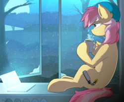 Size: 3532x2924 | Tagged: safe, artist:beardie, oc, oc only, oc:cotton seams, pony, computer, female, high res, laptop computer, mare, snow, solo, train, window