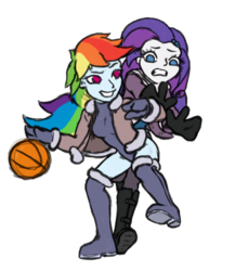 Size: 1035x1190 | Tagged: safe, artist:trefoiler, derpibooru exclusive, rainbow dash, rarity, equestria girls, g4, alternate hairstyle, ball, basketball, bodysuit, boots, clothes, coat, duo, female, gloves, leotard, looking back, ponytail, running, scarf, shoes, simple background, smiling, smirk, sports, thigh boots, transparent background, worried