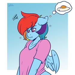 Size: 1700x1700 | Tagged: safe, artist:arnachy, part of a set, rainbow dash, pegasus, anthro, g4, :t, annoyed, clothes, egg (food), female, food, shirt, solo, thought bubble