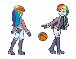 Size: 1430x1112 | Tagged: safe, artist:trefoiler, derpibooru exclusive, rainbow dash, equestria girls, g4, alternate hairstyle, ass, basketball, bodysuit, boots, butt, clothes, coat, female, gloves, leotard, pointing, ponytail, rear view, shoes, simple background, sketch, sketch dump, smiling, solo, sports, standing, thigh boots, transparent background, walking