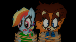 Size: 1920x1080 | Tagged: safe, artist:xivety, rainbow dash, g4, bondage, crossover, request, sonic the hedgehog (series), sticks the badger, tied up