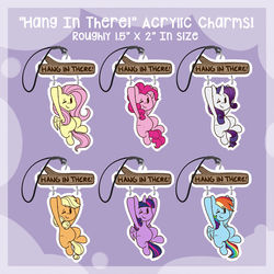 Size: 1024x1024 | Tagged: safe, artist:kellythedrawinguni, applejack, fluttershy, pinkie pie, rainbow dash, rarity, twilight sparkle, alicorn, pony, g4, acrylic charm, charm, cute, dashabetes, design, diapinkes, hang in there, hanging, jackabetes, mane six, missing accessory, one eye closed, raribetes, shyabetes, twiabetes, twilight sparkle (alicorn), wink