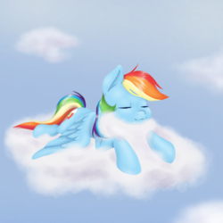 Size: 1350x1350 | Tagged: safe, artist:imaplatypus, rainbow dash, pegasus, pony, g4, cloud, comfy, cute, dashabetes, eyes closed, female, lying on a cloud, mare, on a cloud, prone, sky, sleeping, solo