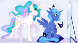 Size: 3825x2100 | Tagged: safe, artist:velirenrey, princess celestia, princess luna, alicorn, pony, g4, alternate hairstyle, chest fluff, crown, cute, cutelestia, duo, ear fluff, eye clipping through hair, female, high res, jewelry, lunabetes, magic, mare, mirror, peytral, ponytail, profile, regalia, royal sisters, s1 luna, sisters, sitting, telekinesis, wing fluff, young celestia, young luna