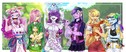 Size: 4251x1764 | Tagged: safe, artist:schokocream, applejack, fluttershy, pinkie pie, rainbow dash, rarity, twilight sparkle, espeon, flareon, glaceon, human, jolteon, leafeon, sylveon, g4, clothes, crossover, cute, dress, eeveelutions, female, humanized, mane six, pokémon, skirt, smiling