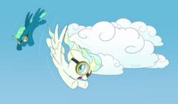 Size: 3431x2000 | Tagged: safe, artist:esfelt, sky stinger, vapor trail, pegasus, pony, g4, cloud, duo, female, flying, goggles, high res, male, mare, open mouth, sky, stallion