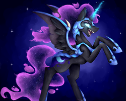 Size: 4985x4000 | Tagged: safe, artist:invaderkj, nightmare moon, alicorn, pony, g4, armor, ethereal mane, fangs, female, galaxy mane, glowing horn, hoof shoes, horn, mare, open mouth, profile, rearing, solo, starry mane, wing armor