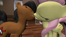 Size: 1024x576 | Tagged: safe, artist:geodesicdragon, fluttershy, oc, oc:nurse haywick, pony, g4, 3d, canon x oc, eyes closed, female, kissing, lesbian, source filmmaker