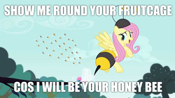 Size: 1280x720 | Tagged: safe, edit, edited screencap, editor:grapefruitface, screencap, fluttershy, bee, insect, g4, it ain't easy being breezies, animal costume, bee costume, caption, clothes, costume, hammer, image macro, lyrics, meme, peter gabriel, sledgehammer, solo focus, song reference, text