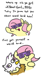 Size: 547x1001 | Tagged: safe, artist:jargon scott, fluttershy, gilda, griffon, pegasus, pony, g4, comic, dialogue, duo, female, mare, quadrupedal, shutter shades, simple background, sunglasses, white background