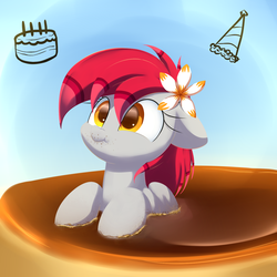 Size: 1280x1280 | Tagged: safe, artist:acersiii, oc, oc only, oc:tiny jasmini, pegasus, pony, birthday, cake, cute, female, flower, flower in hair, food, hat, micro, ocbetes, party hat, ponies in food, pudding, smol, that pony sure does love pudding, tiny, tiny ponies, tinyjabetes, wings
