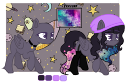 Size: 1024x666 | Tagged: safe, artist:space--paws0w0, oc, oc only, oc:space splash, pegasus, pony, robot, beanie, clothes, collar, female, food, hat, mare, moon, raised hoof, reference sheet, sandwich, socks, solo, stars, stockings, thigh highs