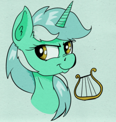 Size: 1325x1400 | Tagged: safe, artist:paskanaakka, derpibooru exclusive, lyra heartstrings, pony, unicorn, g4, bust, ear fluff, female, mare, nose wrinkle, portrait, smiling, smirk, solo