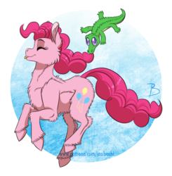 Size: 1600x1632 | Tagged: safe, artist:inuhoshi-to-darkpen, gummy, pinkie pie, alligator, earth pony, pony, g4, :p, cute, cutie mark, diapinkes, female, happy, jumping, mare, pronking, silly, smiling, tongue out, unshorn fetlocks