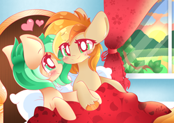 Size: 6000x4254 | Tagged: safe, artist:sohmasatori, oc, oc only, oc:minty pop, oc:parlay, earth pony, pony, bed, bedroom, blushing, duo, eye contact, female, freckles, heart, holding hooves, lesbian, looking at each other, mare, parpop, shipping, smiling, unshorn fetlocks, window