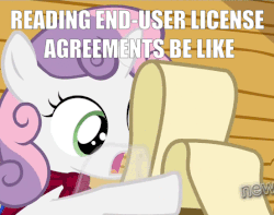 Size: 553x436 | Tagged: safe, edit, edited screencap, screencap, sweetie belle, pony, g4, one bad apple, animated, caption, cropped, end-user license agreement, female, gif, image macro, reading, solo, text