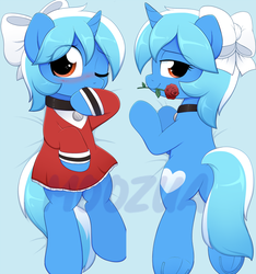 Size: 700x749 | Tagged: safe, artist:moozua, oc, oc only, oc:mr.rain, pony, unicorn, blushing, bow, clothes, collar, crossdressing, cute, dress, flower, hair bow, male, mouth hold, pet tag, rose, stallion, watermark