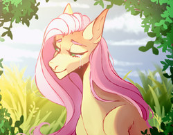 Size: 1280x996 | Tagged: safe, artist:velirenrey, fluttershy, pony, g4, crying, female, leaves, lidded eyes, mare, smiling, solo, sunlight