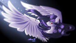 Size: 1280x726 | Tagged: safe, artist:sunturan, oc, oc only, pegasus, pony, black background, bust, chest fluff, commission, crepuscular rays, ear fluff, female, large wings, lidded eyes, looking at you, mare, red eyes, simple background, solo, sparkles, spread wings, windswept mane, wings