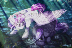 Size: 1280x853 | Tagged: safe, artist:sunturan, oc, oc only, pegasus, pony, cobblestone street, commission, concerned, crepuscular rays, crying, duo, female, flower, flower in hair, lidded eyes, mare, prone