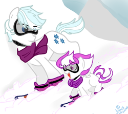 Size: 671x597 | Tagged: safe, artist:h0mi3, double diamond, oc, oc:snowlight, pegasus, pony, g4, blank flank, father and daughter, female, filly, goggles, male, offspring, parent:double diamond, parent:twilight sparkle, parents:diamondlight, skiing, snow