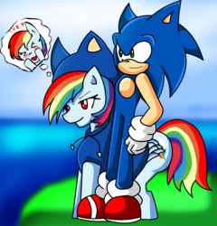 Size: 1976x2056 | Tagged: safe, artist:soul-yagami64, rainbow dash, g4, clothes, cosplay, costume, crossover, female, interspecies, male, shipping, sonic the hedgehog, sonic the hedgehog (series), sonicdash, straight