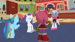 Size: 1920x1080 | Tagged: safe, artist:pikalink64, rainbow dash, rarity, g4, 3d, amy rose, crossover, hypnosis, mmd, rouge the bat, sonic the hedgehog, sonic the hedgehog (series)