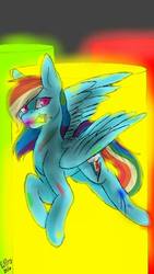 Size: 540x960 | Tagged: safe, artist:missclaypony, rainbow dash, pegasus, pony, fanfic:rainbow factory, g4, cutie mark, female, flying, mare, mouth hold, pinpoint eyes, rainbow factory dash, solo, spectra, vial