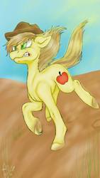 Size: 540x960 | Tagged: safe, artist:missclaypony, braeburn, earth pony, pony, g4, angry, cowboy hat, cutie mark, desert, ears back, gritted teeth, hat, horseshoes, male, running, solo, stallion